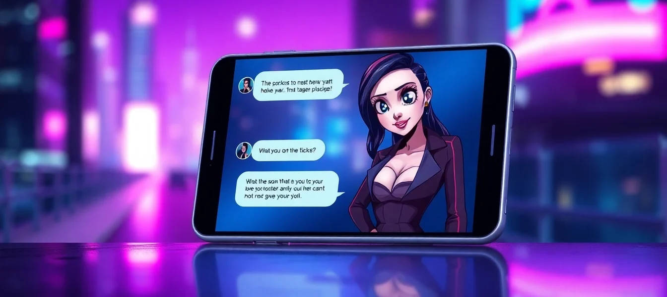 Futuristic smartphone displaying an engaging AI chat with an attractive character against a neon cityscape background.