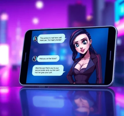 Futuristic smartphone displaying an engaging AI chat with an attractive character against a neon cityscape background.