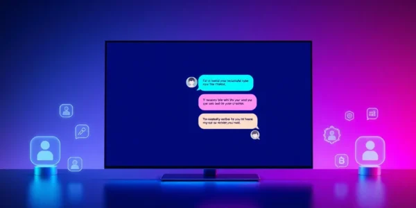 Digital illustration of a futuristic AI chat interface with glowing elements and customizable features.