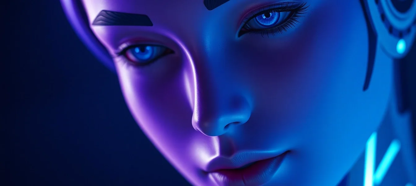 AI girlfriend engaging in a realistic, warm conversation with a user through a high-tech interface, emphasizing emotional connection and unfiltered chat capabilities.