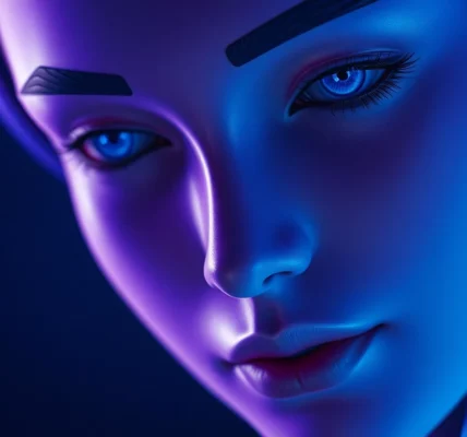 AI girlfriend engaging in a realistic, warm conversation with a user through a high-tech interface, emphasizing emotional connection and unfiltered chat capabilities.