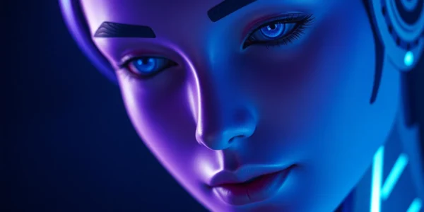 AI girlfriend engaging in a realistic, warm conversation with a user through a high-tech interface, emphasizing emotional connection and unfiltered chat capabilities.
