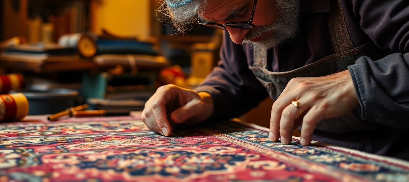 Expert restoring a beautiful antique tapestry for Restauro Tappeti Milano to preserve its