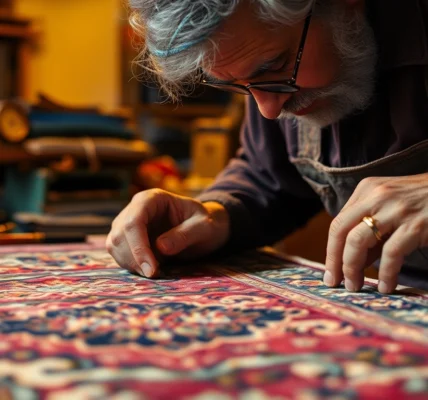Expert restoring a beautiful antique tapestry for Restauro Tappeti Milano to preserve its