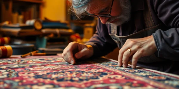 Expert restoring a beautiful antique tapestry for Restauro Tappeti Milano to preserve its