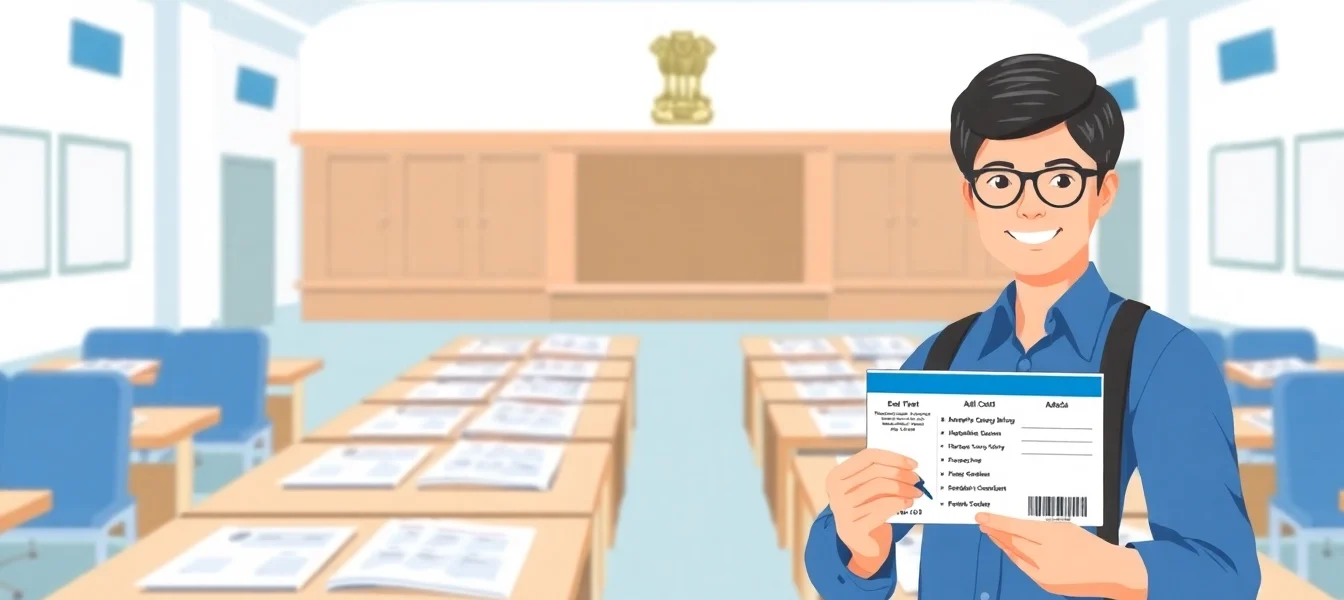 State Govt Jobs recruitment process with exam hall and candidate checking admit card,