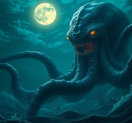 Majestic kraken causing chaos at sea, showcasing its enormous size and glowing eyes, as seen on