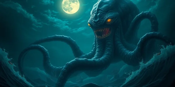 Majestic kraken causing chaos at sea, showcasing its enormous size and glowing eyes, as seen on