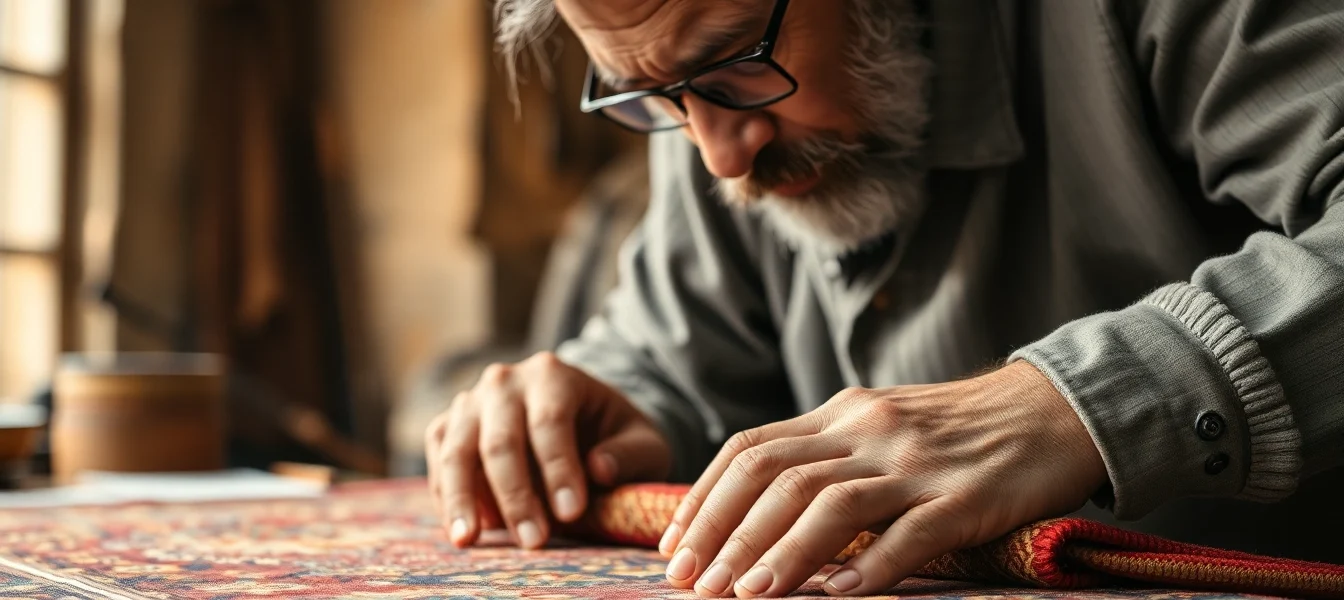 Professional team performing Restauro Tappeti Milano on an antique Persian rug with precise