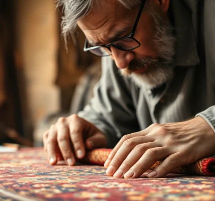 Professional team performing Restauro Tappeti Milano on an antique Persian rug with precise