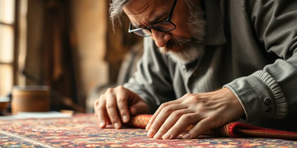 Professional team performing Restauro Tappeti Milano on an antique Persian rug with precise