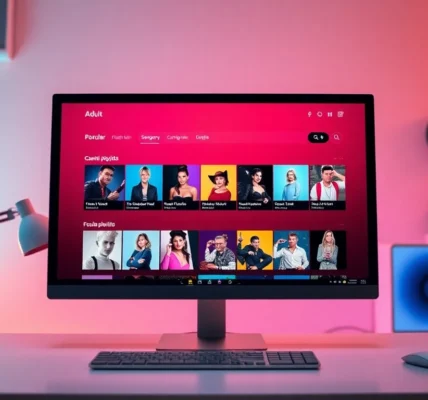 A computer monitor displaying an adult entertainment website with colorful thumbnails and categories in a modern workspace setting.