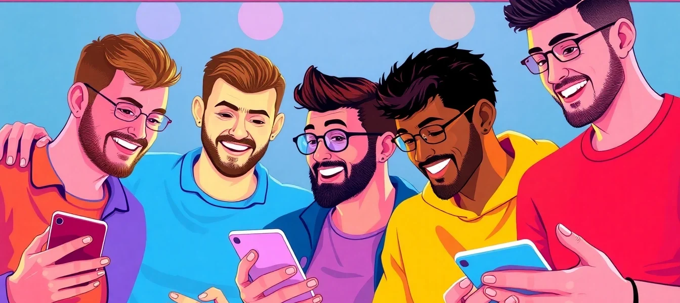 Engaging gay chat scene with diverse men connecting via mobile devices for online social interaction