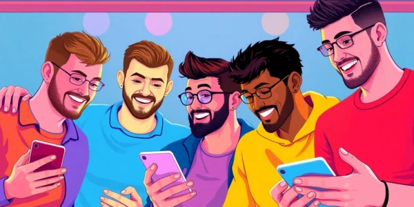 Engaging gay chat scene with diverse men connecting via mobile devices for online social interaction