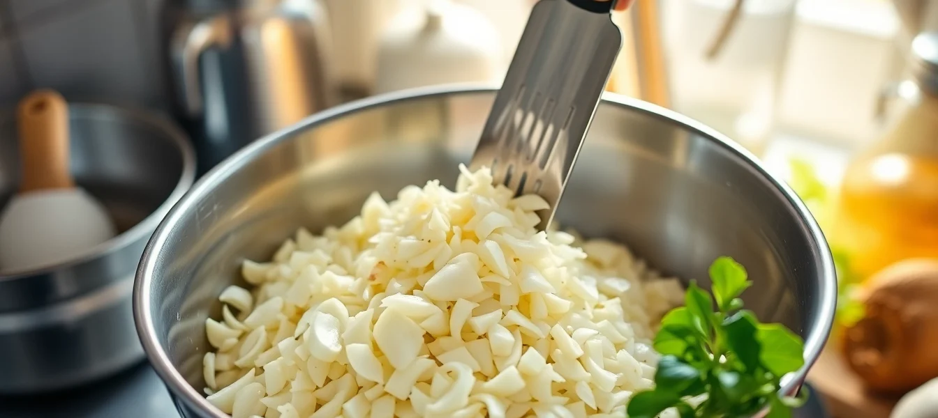This close-up shows expertly minced garlic with a chef preparing flavorful dishes, emphasizing