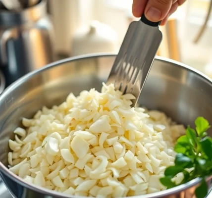 This close-up shows expertly minced garlic with a chef preparing flavorful dishes, emphasizing