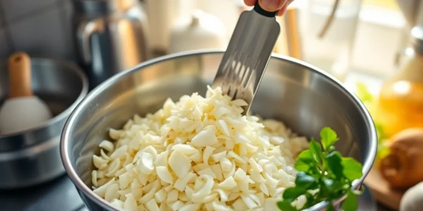 This close-up shows expertly minced garlic with a chef preparing flavorful dishes, emphasizing
