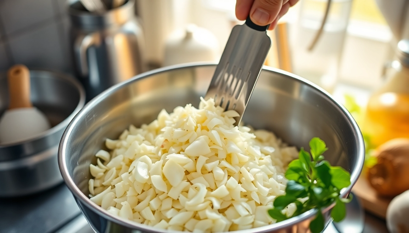 This close-up shows expertly minced garlic with a chef preparing flavorful dishes, emphasizing