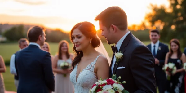 Professional eskuvo fotos captures natural moments of a couple at sunset during wedding ceremony
